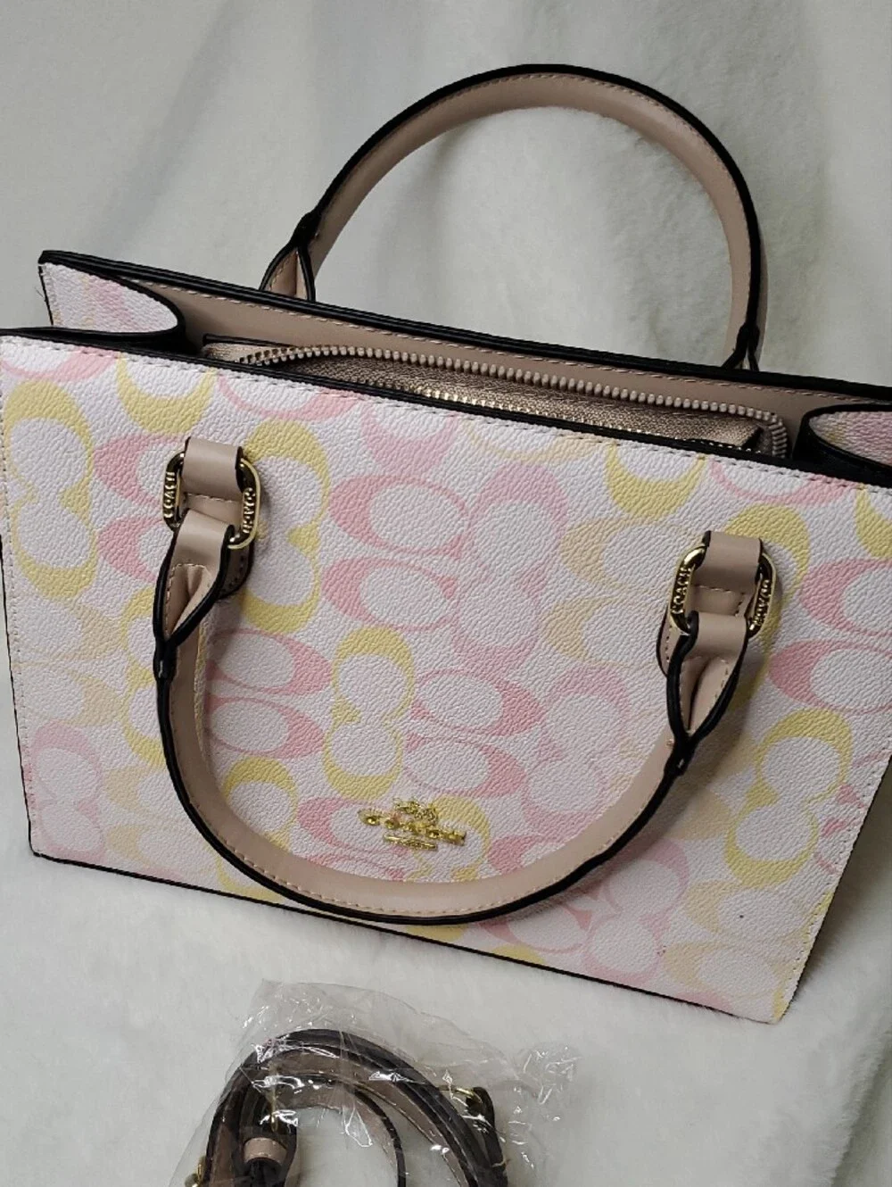 Pastel Pink and Yellow Signature Satchel with Gold Hardware